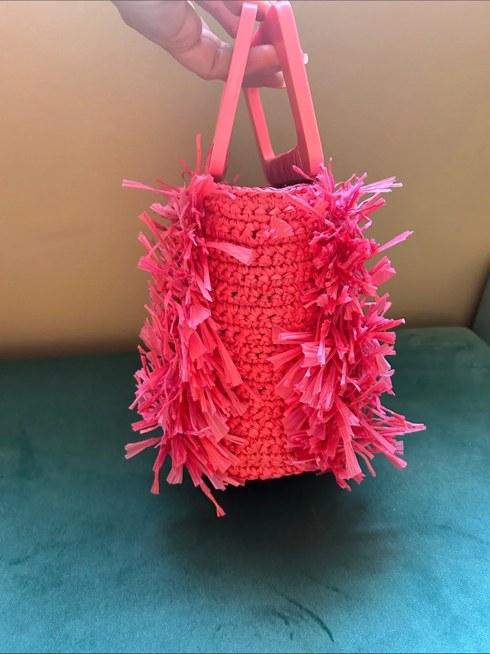 JCrew Woven Bright Pink Raffia Fringe Handbag with Acrylic Handles 🎀